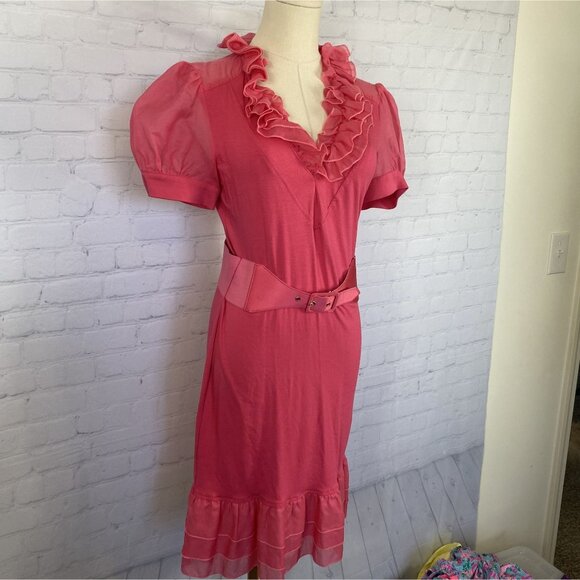 Bebe Y2K Silk Medium Pink Ruffle Sheer Puff Sleeve Midi Belted Dress - Picture 2 of 8